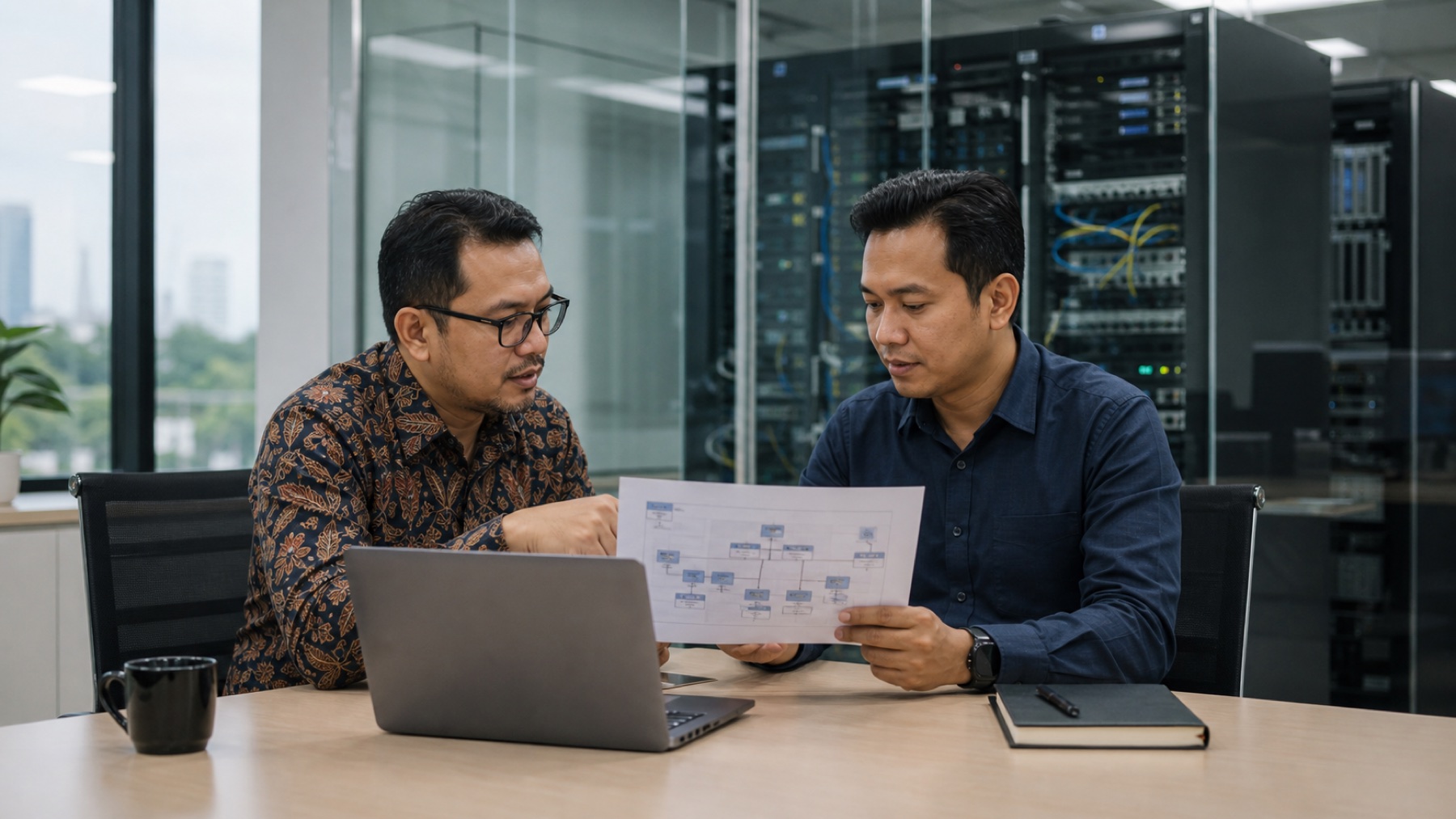 Konsultan IT dan staf IT internal membahas arsitektur jaringan perusahaan