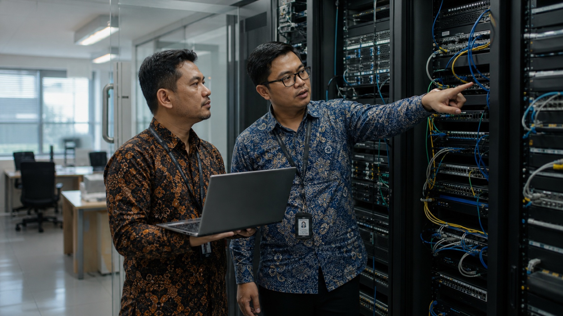 Konsultan IT meninjau perangkat jaringan bersama pengelola operasional perusahaan
