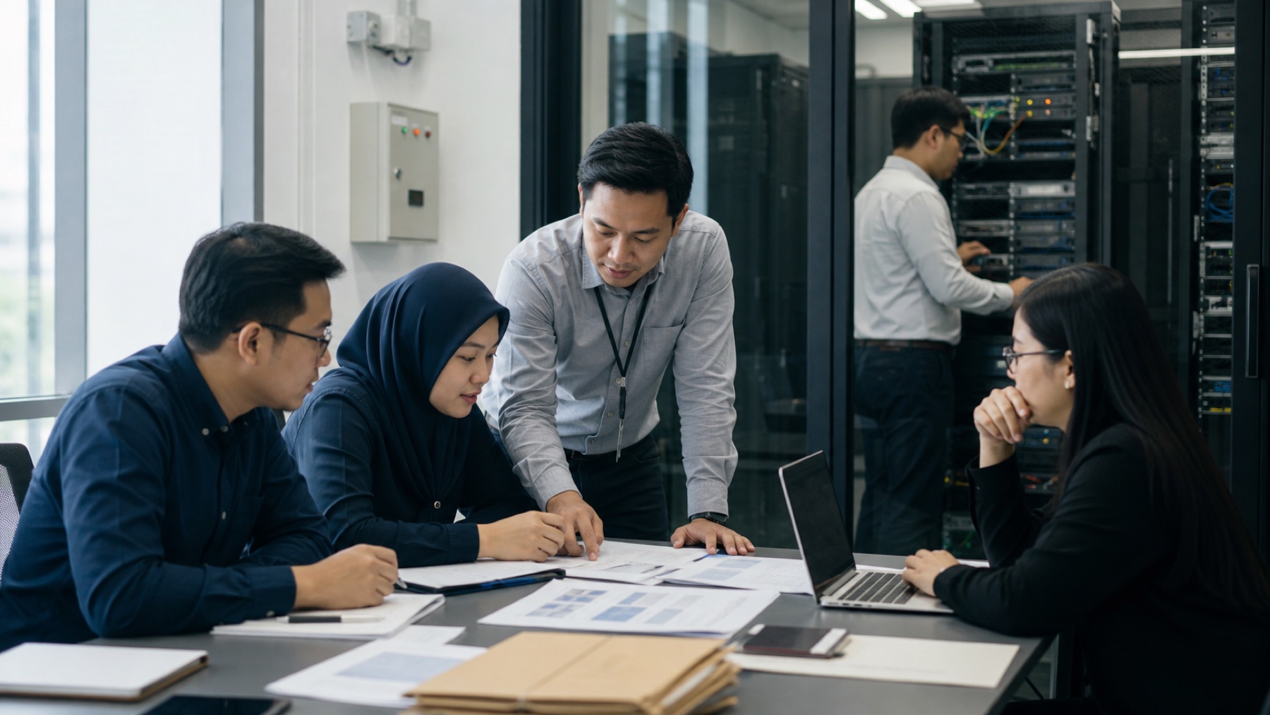 Tim perusahaan memeriksa dokumen risiko dan bukti audit keamanan ISO 27001