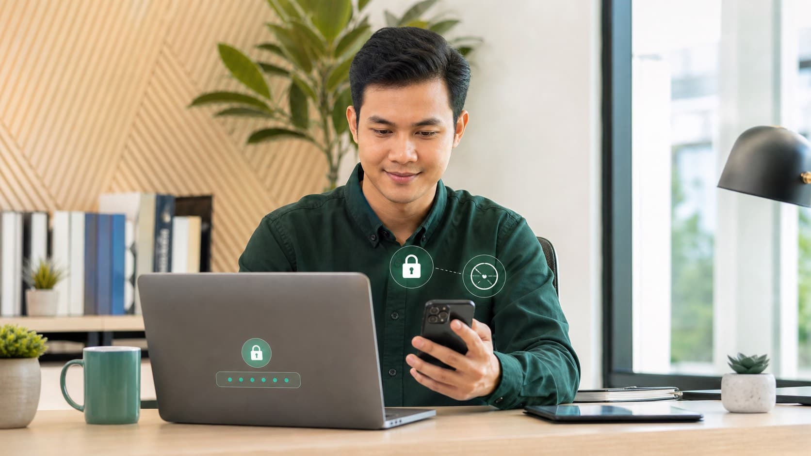 Karyawan mengamankan laptop dan ponsel kerja dengan autentikasi dua faktor