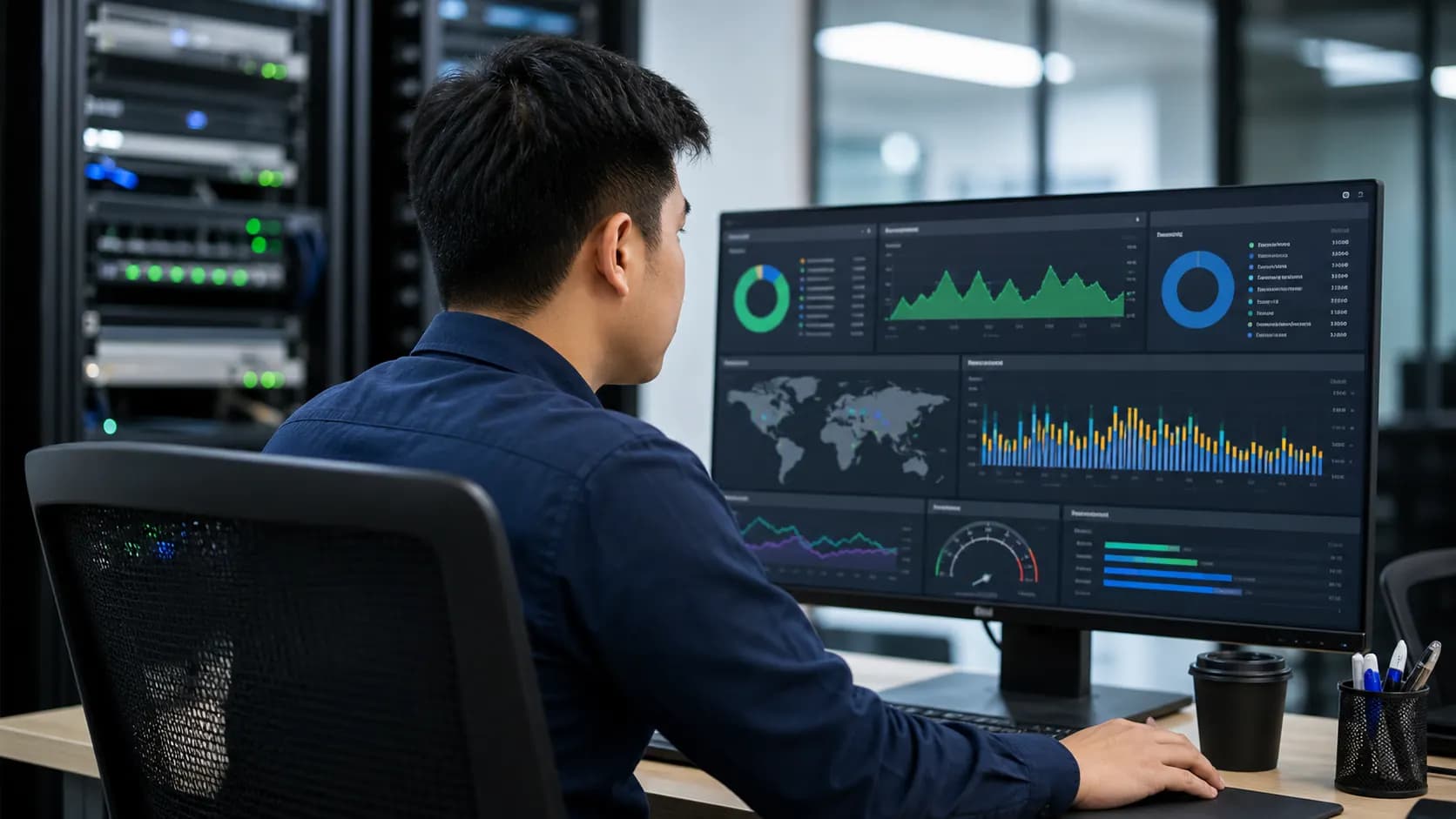 Administrator jaringan menata dashboard pemantauan kesehatan firewall FortiOS