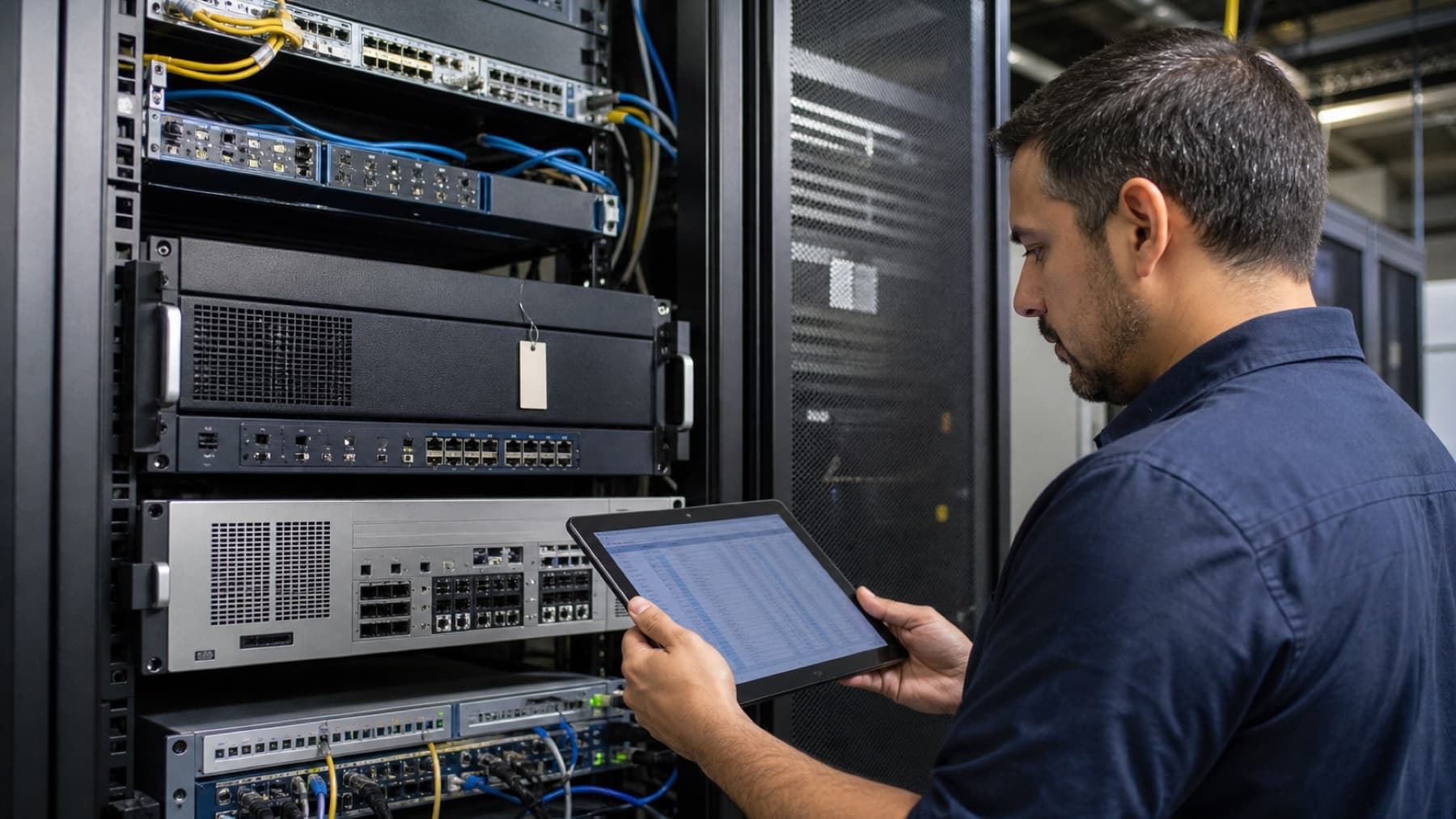 Teknisi jaringan memeriksa perangkat firewall lama dan penggantinya di rak server