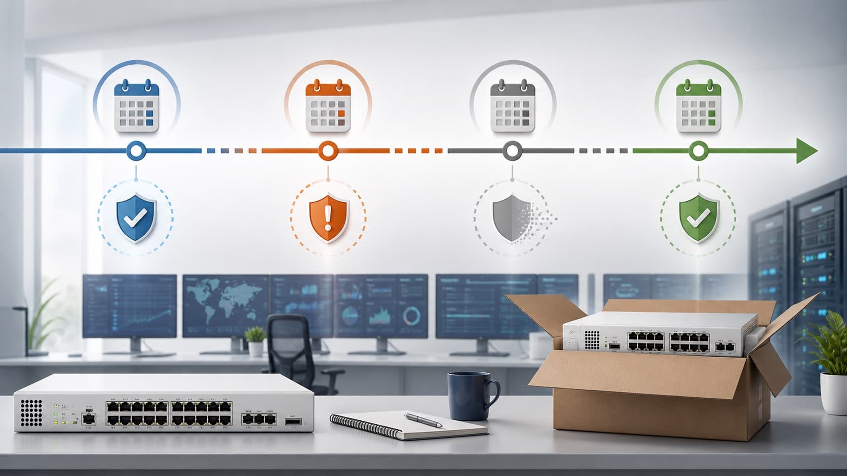 Infografik timeline EOO LSED EOS dan rencana penggantian perangkat firewall FortiGate