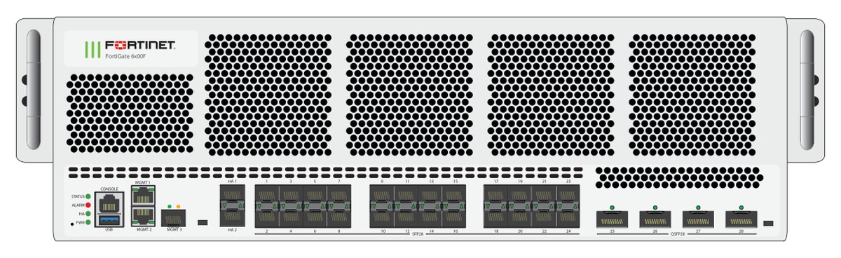 Panel depan sasis FortiGate 6000F — slot FPC, port SFP28 dan QSFP28