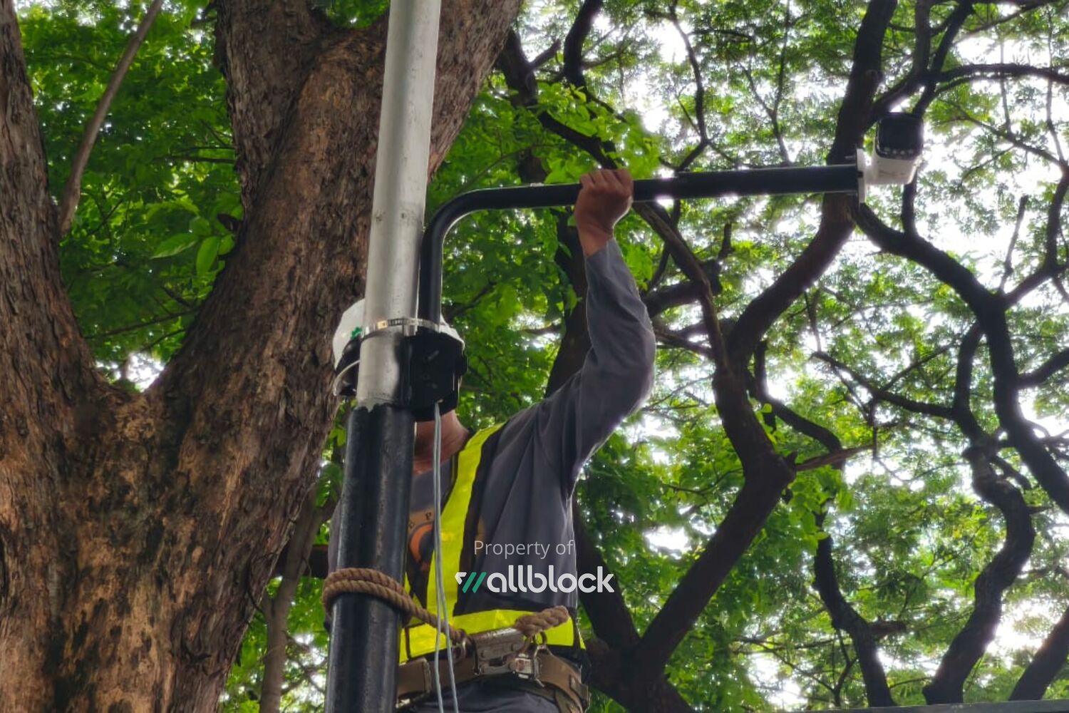 seorang teknisi sedang installasi cctv pada tiang jalan